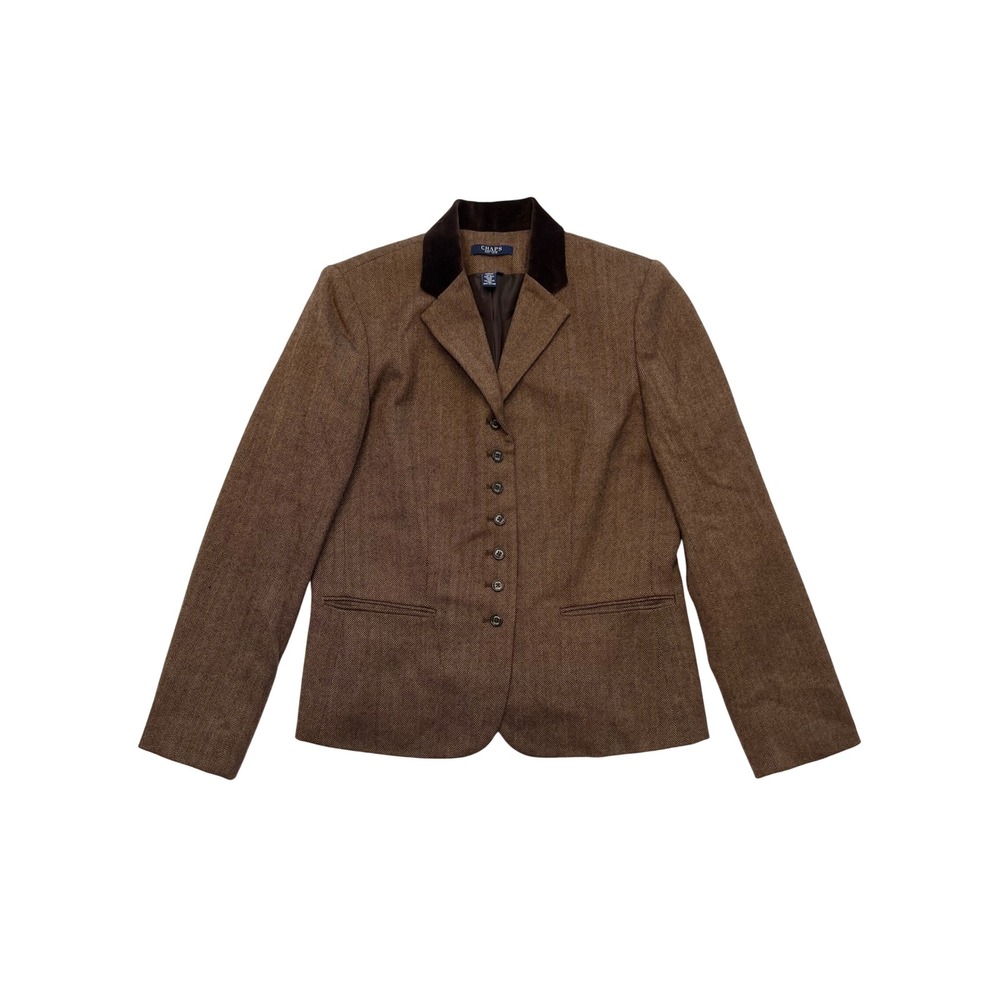 Chaps Brown Herringbone 100% Wool Velvet Collar Equestrian Blazer Size 10